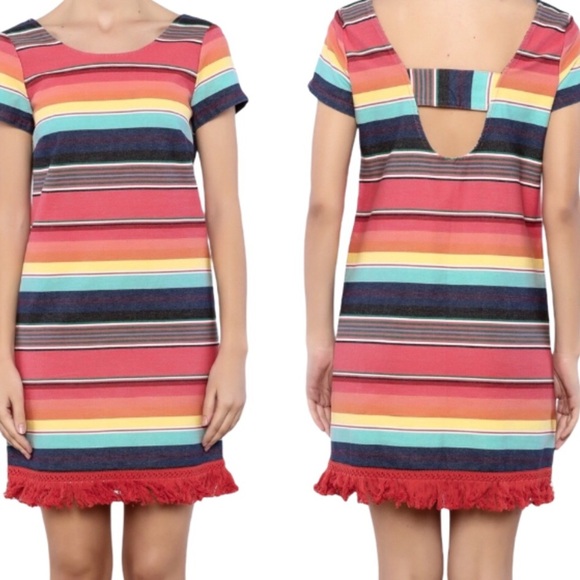 NWT UNCLE FRANK (Anthro) Weekend Stripe Cotton Dress With Fringe Trim Red Small - Picture 1 of 13